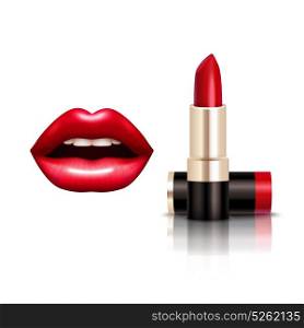 Lips And Lipstick Set. Lips and lipstick realistic set with bright red color isolated vector illustration