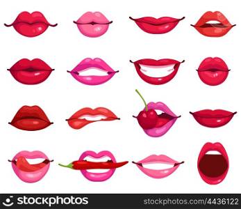 Lips Cartoon Set. Red and rose kissing and smiling cartoon lips isolated decorative icons for party presentation vector illustration