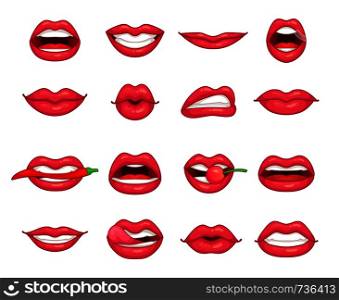 Lips collection. Beautiful girl smiling, kissing, biting pepper, cherry and lip with sexy red lipstick symbol. Cartoon beauty hot makeup valentine kiss colorful isolated vector icon set. Lips collection. Beautiful girl smiling, kissing, biting pepper, cherry and lip with lipstick. Cartoon beauty kiss isolated vector set