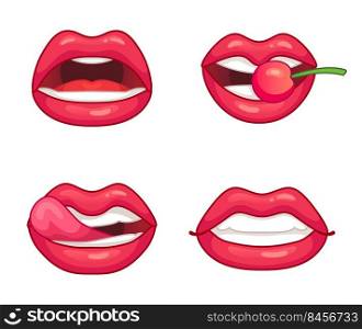 Lips collection. Glossy and sexy female lips with pink lipstick with different expressions. Women mouth biting cherry, half open position, lip licking, tongue out isolated vector set. Lips collection. Glossy and sexy female lips with pink lipstick with different expressions. Women mouth biting cherry