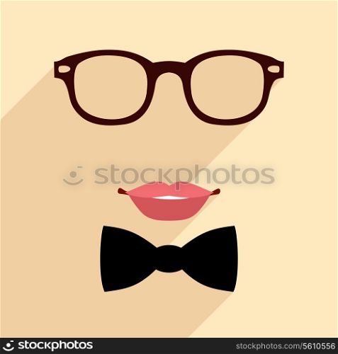 Lips glasses and bow tie design in flat style for fashion vintage hipster concept vector illustration