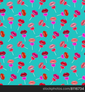 Lips, lipstick, lipgloss pattern with heart shaped lollypop candy. Valentines day romantic sexy turquoise color background