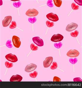 Lips, lipstick, lipgloss pattern with heart shaped lollypop candy. Valentines day romantic sexy background