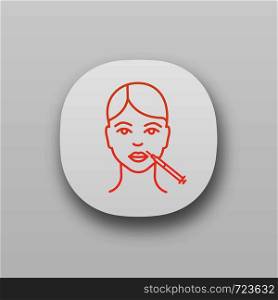 Lips neurotoxin injection app icon. Anti wrinkle injection. Lips augmentation. Cosmetic procedure. Facial rejuvenation. Cosmetology. UI/UX user interface. Web application. Vector isolated illustration. Lips neurotoxin injection app icon
