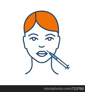 Lips neurotoxin injection color icon. Anti wrinkle injection. Lips augmentation. Cosmetic procedure. Facial rejuvenation. Cosmetology. Isolated vector illustration. Lips neurotoxin injection color icon