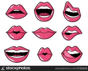 Lips patches. Pop art sexy kiss, smiling woman mouth with red lipstick and tongue. Retro comic 80s stickers vector licking expressions set. Lips patches. Pop art sexy kiss, smiling woman mouth with red lipstick and tongue. Retro comic 80s stickers vector set