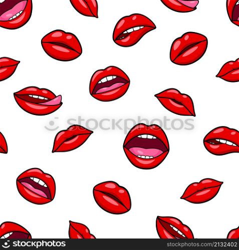Lips pattern. Glam lip patch, red mouth pop style wallpaper. Female kiss fashion print, sweet romance elements. Makeup garish vector seamless texture. Illustration of pattern seamless love. Lips pattern. Glam lip patch, red mouth pop style wallpaper. Female kiss fashion print, sweet romance elements. Makeup garish vector seamless texture