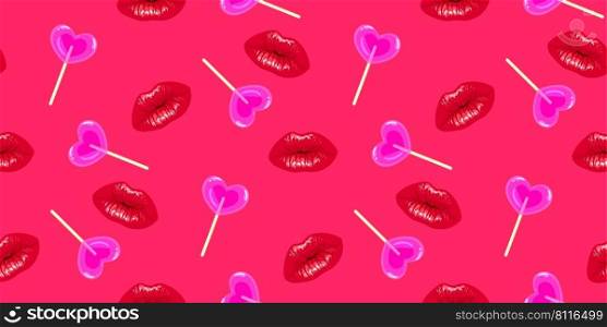 Lips pattern with heart shaped lollypop candy. Valentines day romantic background