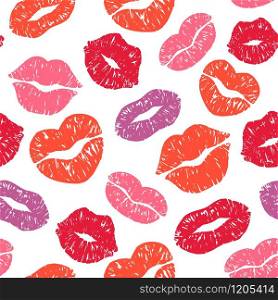 Lips print seamless pattern. Kiss prints with texture, color girls lips vector illustration. Valentines Day lipstick imprint background for wedding and greeting card. Lips print seamless pattern. Kiss prints with texture, color girls lips vector illustration