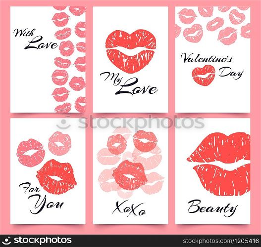 Lips prints. Card with love, Valentines day and fashion kiss print cards vector illustration set. attractive female sexy mouth imprints. Lips prints. Card with love, Valentines day and fashion kiss print cards vector illustration set