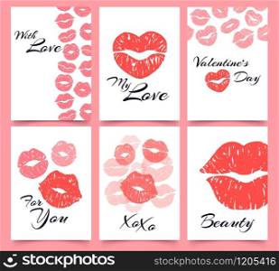 Lips prints. Card with love, Valentines day and fashion kiss print cards vector illustration set. attractive female sexy mouth imprints. Lips prints. Card with love, Valentines day and fashion kiss print cards vector illustration set