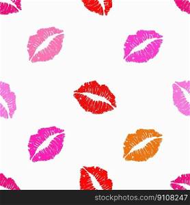 Lips seamless pattern. Colorful lipstick kiss on white background. Vector illustration. Graphic design. 