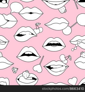 Lips seamless pattern. Sexy lip with lollipops, diamond, cherry and strawberry. Coloring template or girly fabric. Outline mouths vector pop art background. Illustration of textile beautiful fabric. Lips seamless pattern. Sexy lip with lollipops, diamond, cherry and strawberry. Coloring template or girly fabric print. Outline mouths vector pop art background