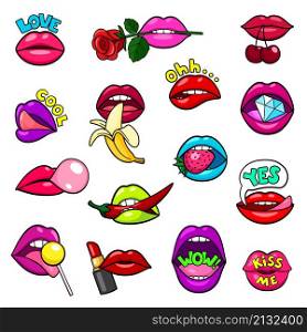 Lips stickers. Comic patch, girl kiss badges. Pink rose elements, sexy lip and mouths with diamond. Banana, cherry and bubble gum. Pop art garish vector set on white. Lips stickers. Comic patch, girl kiss badges. Pink rose elements, sexy lip and mouths with diamond. Banana, cherry and bubble gum. Pop art garish vector set