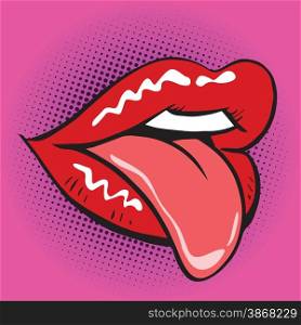lips tongue pop art retro. Illustration imitating vintage figure. lips tongue pop art retro