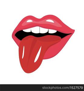 Lips with tongue icon flat style. Red open mouth with tongue sticking out. Isolated on white background. Retro, pin-up. Vector illustration. Lips with tongue icon flat style. Red open mouth with tongue sticking out. Isolated on white background. Retro, pin-up. Vector illustration.