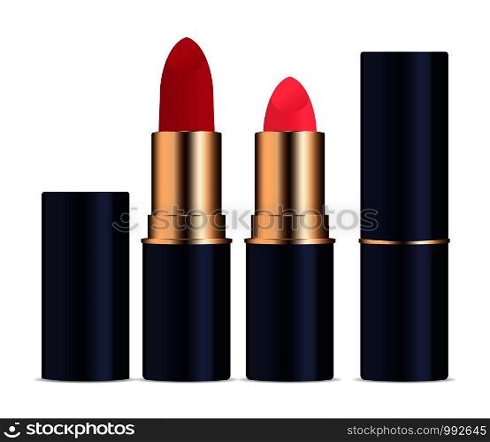 Lipstic cosmetics set with caps open and closed. High quality vector illustration.. Lipstic cosmetics set with caps open and closed.