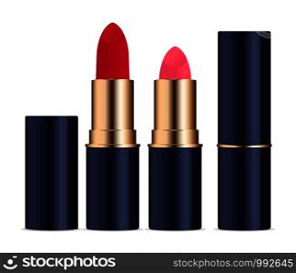 Lipstic cosmetics set with caps open and closed. High quality vector illustration.. Lipstic cosmetics set with caps open and closed.
