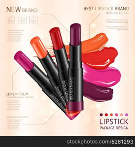 Lipstick 4 Colors Package Advertisement. Lip makeup cosmetics information advertisement poster with realistic 4 intense colored lipstick set package introduction vector illustration