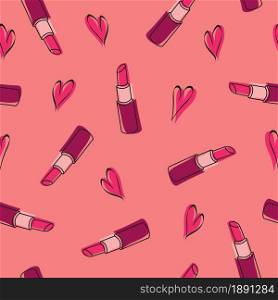 Lipstick and hearts fashion seamless pattern. Pop art retro style. Vector illustration.