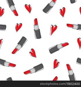 Lipstick and hearts fashion seamless pattern. Pop art retro style. Vector illustration.