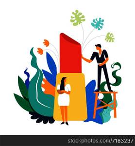 Lipstick and people experts by rouge with leaves decorative monstera foliage vector. Male and female specialists, man standing on stool checking solid stick and color of product. Cosmetics and make up. Lipstick and people experts by rouge with leaves vector
