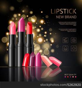 Lipstick Black Background Realistic Advertisement . New lip care makeup luxury brand products advertisement poster with realistic red shades lipsticks background vector illustration