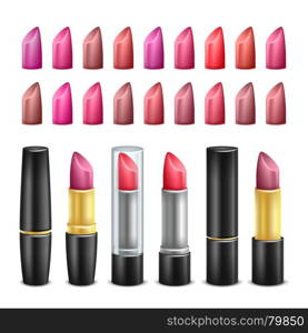Lipstick Collection Vector. Black, Gold And Silver Tubes. Glossy Lipstick For Woman Lips Make Up. Isolated Illustration. Realistic Lipstick Set Vector. Black, Gold And Silver Tubes. For Woman Lips Make Up. Isolated Illustration