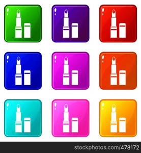 Lipstick icons of 9 color set isolated vector illustration. Lipstick set 9