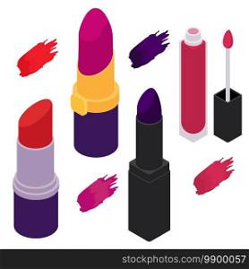 Lipstick icons set. Isometric set of lipstick vector icons for web design isolated on white background. Lipstick icons set, isometric style