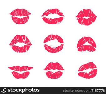 Lipstick kiss. Female mouth makeup, woman lips red grunge print isolated on white, set of affair symbols. Vector illustration lip kiss marks, attractive romantic kissing symbols. Lipstick kiss. Female mouth makeup, woman lips red grunge print isolated on white, set of affair symbols. Vector lip kiss marks