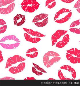 Lipstick kiss seamless pattern. Makeup lips symbols, red and pink kisses silhouettes, valentines day background, beauty and cosmetics texture decor textile, wrapping paper wallpaper vector print. Lipstick kiss seamless pattern. Makeup lips symbols, kisses silhouettes, valentines day background, beauty and cosmetics texture decor textile, wrapping paper wallpaper vector print