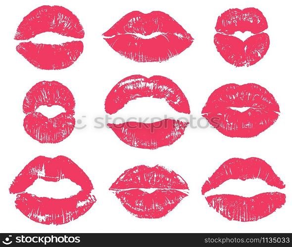 Lipstick kiss. Sexy woman red lips print. Female mouth makeup silhouettes, love smooches romantic valentines isolated vector girl kissing set. Lipstick kiss. Sexy woman red lips print. Female mouth makeup silhouettes, love smooches romantic valentines isolated vector set