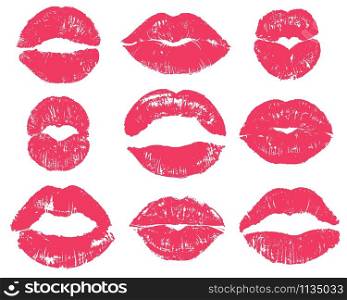 Lipstick kiss. Sexy woman red lips print. Female mouth makeup silhouettes, love smooches romantic valentines isolated vector girl kissing set. Lipstick kiss. Sexy woman red lips print. Female mouth makeup silhouettes, love smooches romantic valentines isolated vector set