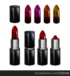Lipstick Make-up Lips Paint Accessory Set Vector. Collection Of Different Color Lipstick, Fashionable Visage Cosmetology Product. Personal Face Style Template Realistic 3d Illustrations. Lipstick Make-up Lips Paint Accessory Set Vector