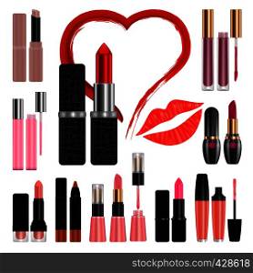 Lipstick mockup set kiss. Realistic illustration of 11 lipstick mockups for web. Lipstick mockup set kiss, realistic style