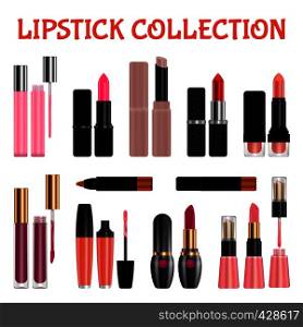 Lipstick mockup set. Realistic illustration of 11 lipstick mockups for web. Lipstick mockup set, realistic style