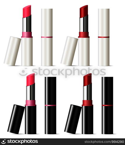 Lipstick mockup set with black and white shell. Beautiful cosmetic products with pink and red color sticks. Realistic 3d illustration design.. Lipstick mockup set with black and white shell