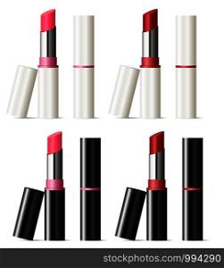 Lipstick mockup set with black and white shell. Beautiful cosmetic products with pink and red color sticks. Realistic 3d illustration design.. Lipstick mockup set with black and white shell