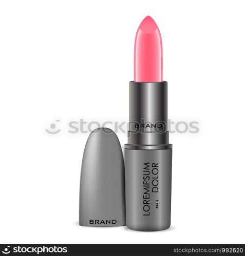 Lipstick mockup vector package illustration. Cosmetic package for makeup. Pink color in grey shell. Ready for your design and branding.. Lipstick mockup vector illustration. Cosmetic