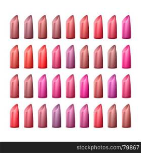 Lipstick Palette Vector. Different Colors Of Red And Pink. Glossy Lipstick For Woman Lips Make Up. Isolated Illustration. Lipstick Palette Vector. Different Colors Of Red And Pink. Glossy Lipstick For Woman Lips Make Up. Isolated