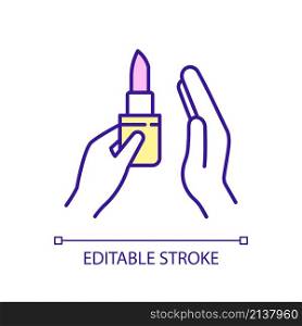 Lipstick RGB color icon. Makeup cosmetic product. Hands and lip gloss. Beauty practice. Apply visage. Isolated vector illustration. Simple filled line drawing. Editable stroke. Arial font used. Lipstick RGB color icon