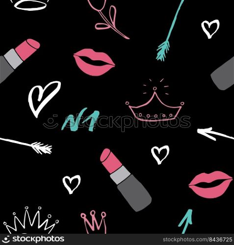 Lipstick seamless pattern, hand drawn fashion and beauty items, vector illustration.. Lipstick seamless pattern, hand drawn fashion and beauty items, vector illustration