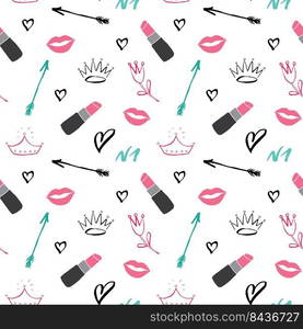 Lipstick seamless pattern, hand drawn fashion and beauty items, vector illustration.. Lipstick seamless pattern, hand drawn fashion and beauty items, vector illustration