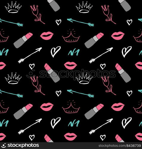 Lipstick seamless pattern, hand drawn fashion and beauty items, vector illustration.. Lipstick seamless pattern, hand drawn fashion and beauty items, vector illustration