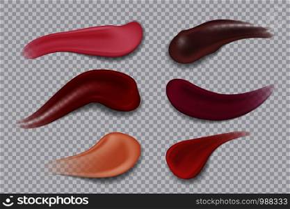Lipstick smudge. Realistic sample make-up product. Lipsticks 3D strokes cosmetic smear. Vector illustration gloss colors products decorative makeup for woman lips on transparent background. Lipstick smudge. Realistic make-up product. Lipsticks 3D strokes. Vector illustration