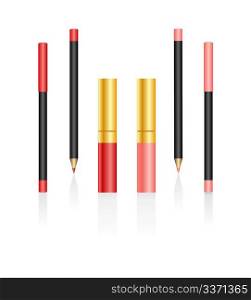 Lipsticks and pencils isolated on a white background. Vector