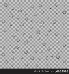 Liquid aqua droplets, clean raindrops on transparency. Seamless pattern with rain drops isolated on transparent background.. Seamless Pattern with Rain Drops Isolated Vector