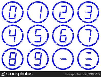 Liquid crystal digits icons set. Grunge. White - dark blue palette. Vector illustration.