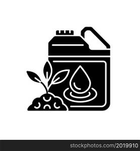 Liquid fertilizer black glyph icon. Fluid mixture of supplements. Pouring and spraying. Plants and crops supplement. Ground additive. Silhouette symbol on white space. Vector isolated illustration. Liquid fertilizer black glyph icon